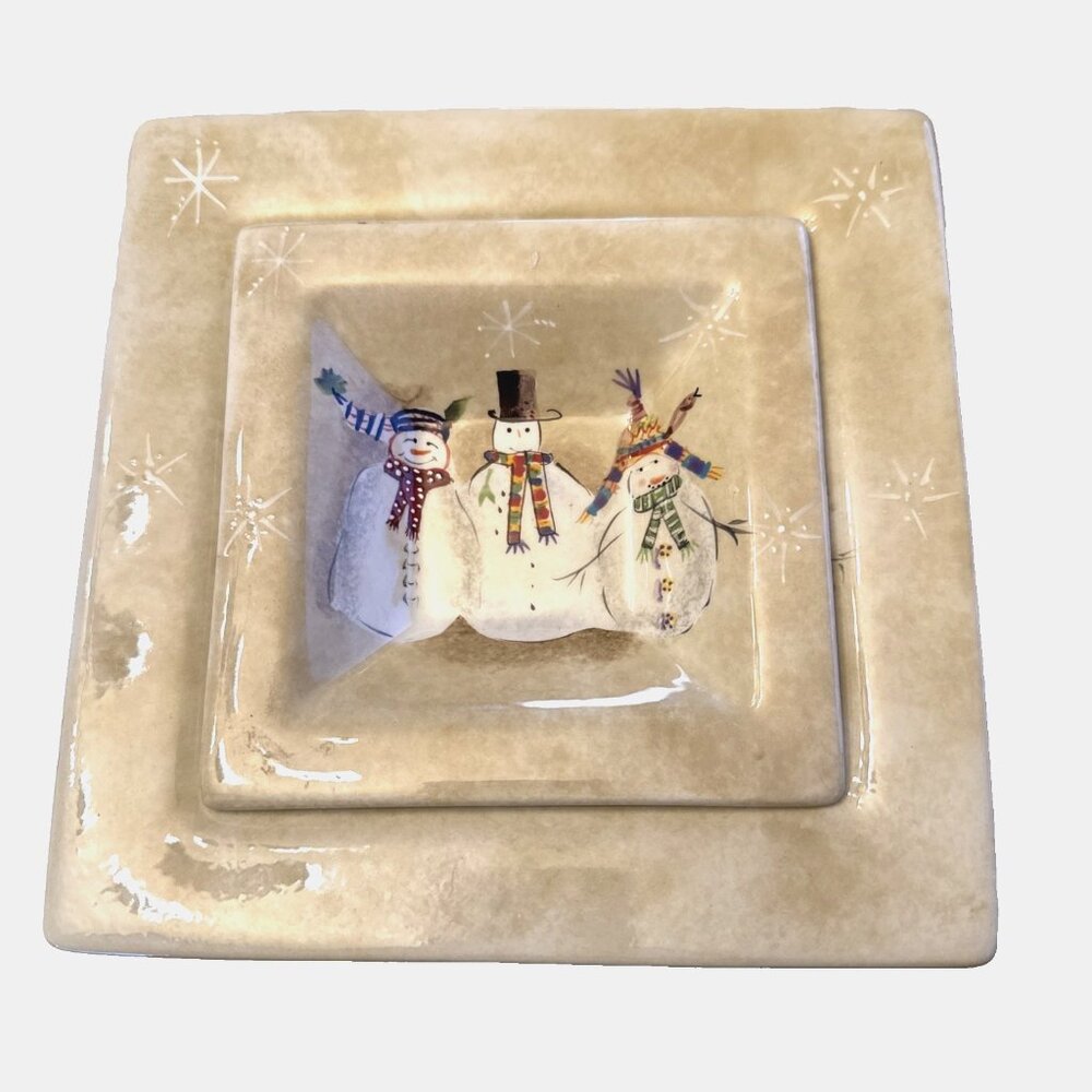 2 Snowmates Oneida Debbie Christmas Beige Square Serving Tray Snowman 5' & 7.5' - Picture 2 of 9